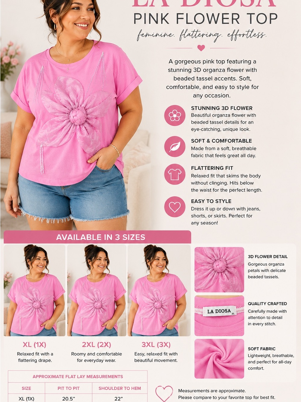 Pink 3D Flower Short Sleeve Tee